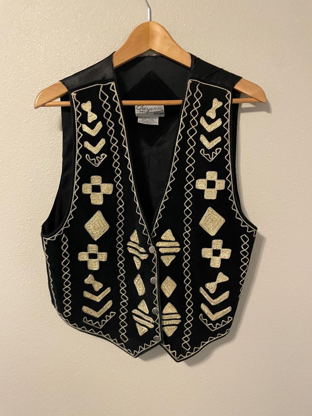 Vintage Cheyenne Vest Womens Small Black Leather Geometric Embroidered Western